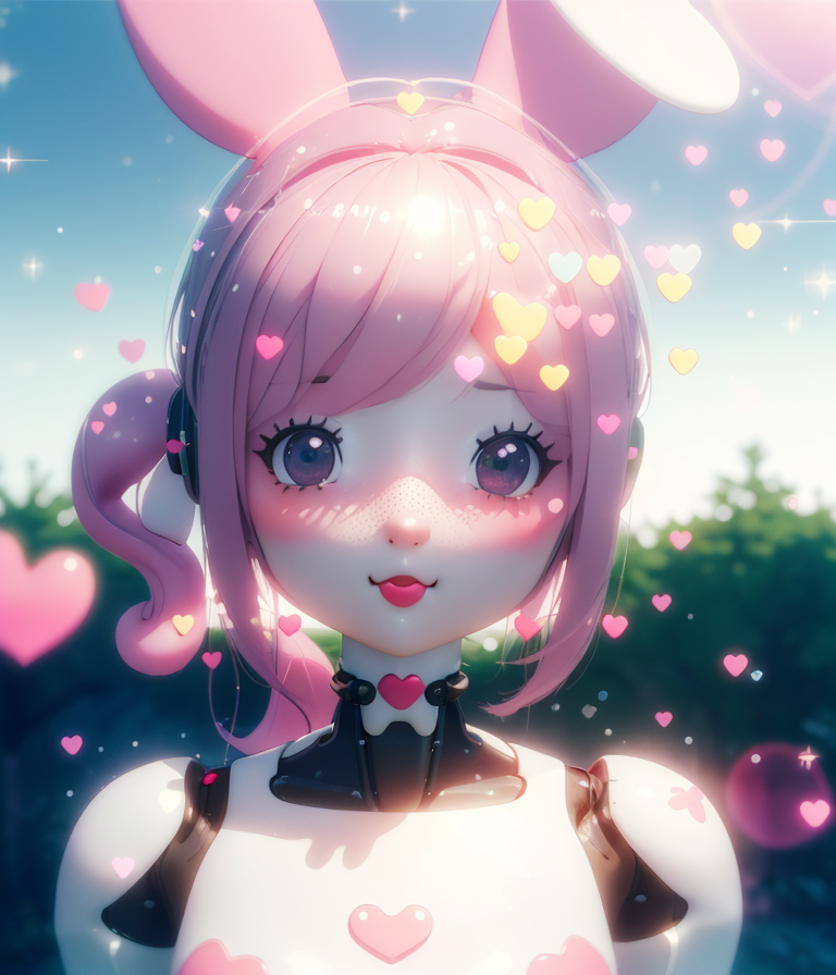 portrait, my melody, sanrio girl, [:(robot, mechanical parts:1.2):0.3], soft gloomy pastel, vivid, e...