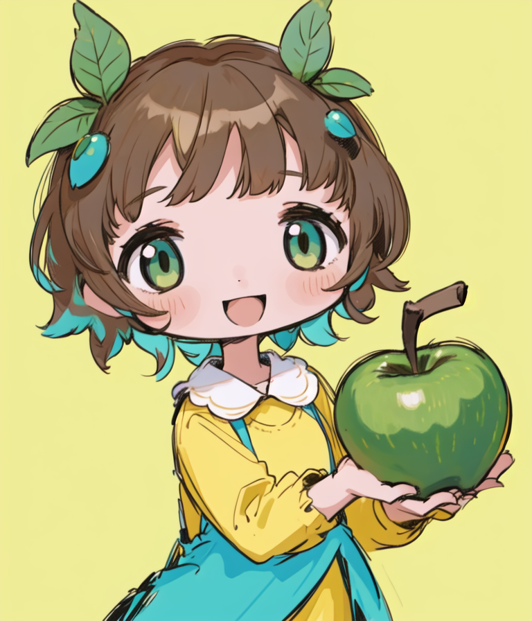 1girl, apple girl, short brown hair, green apple head, open mouth,=3=, \:d, chibi, 🍏, turquoise and...