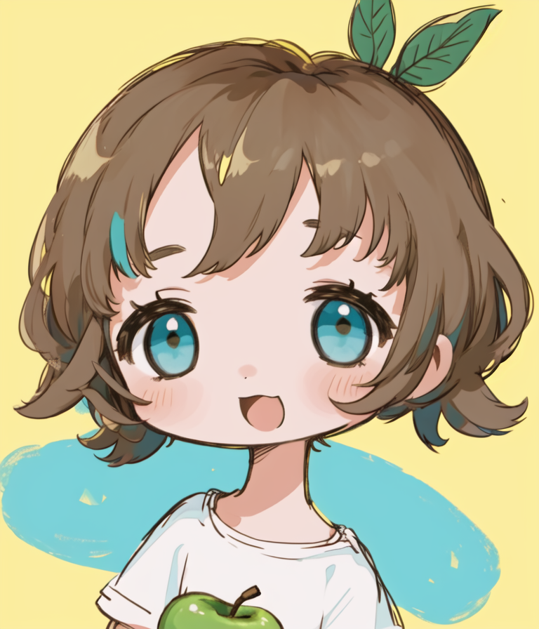 1girl, apple girl, short brown hair, green apple head, open mouth,=3=, \:d, chibi, 🍏, turquoise and...