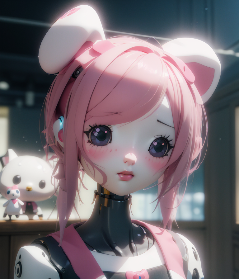 portrait, my melody, sanrio girl, [:(robot, mechanical parts:1.2):0.3], soft gloomy pastel, vivid, e...