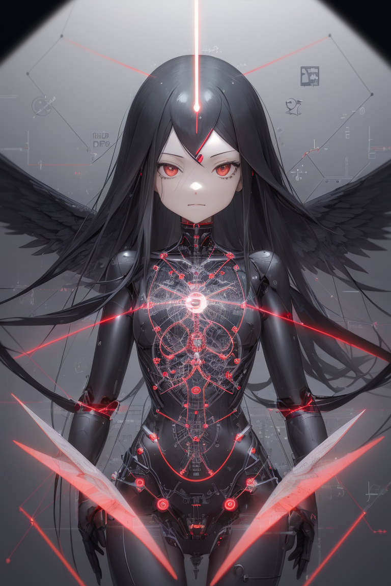 long black hair, sparkly silver eyes, robotic angel wings, blueprint, black and white and red, diagr...