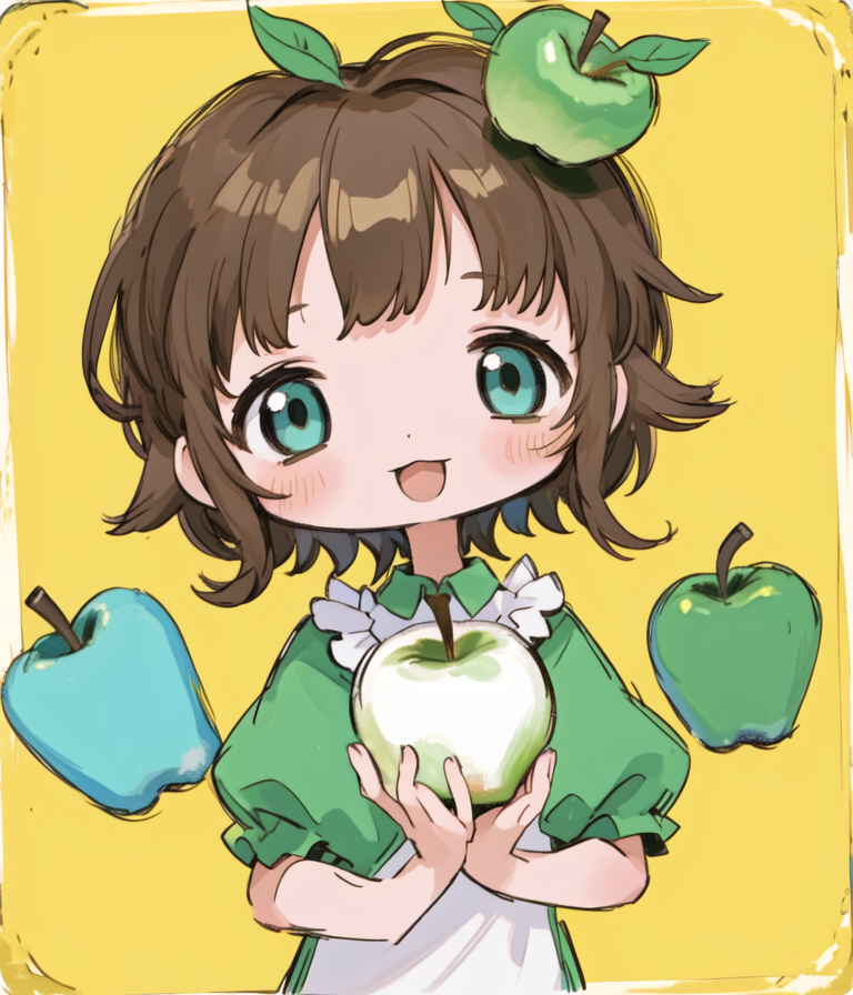 1girl, apple girl, short brown hair, green apple head, open mouth,=3=, \:d, chibi, 🍏, turquoise and...