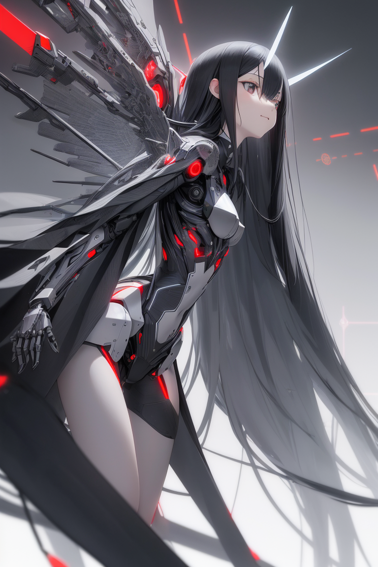 long black hair, sparkly silver eyes, robotic angel wings, blueprint, black and white and red, diagr...