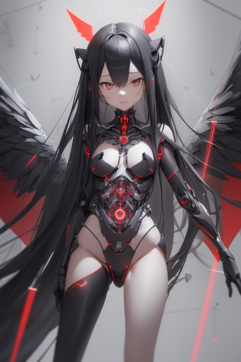 long black hair, sparkly silver eyes, robotic angel wings, blueprint, black and white and red, diagr...