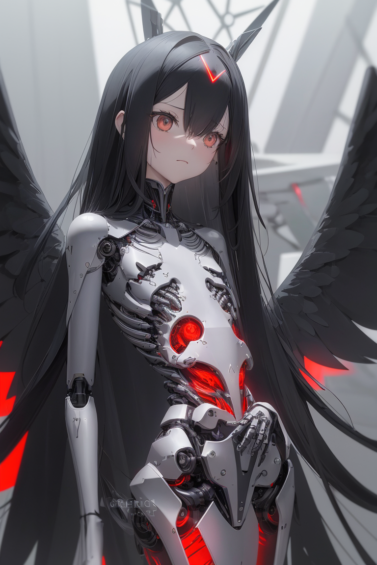 long black hair, sparkly silver eyes, robotic angel wings, blueprint, black and white and red, diagr...