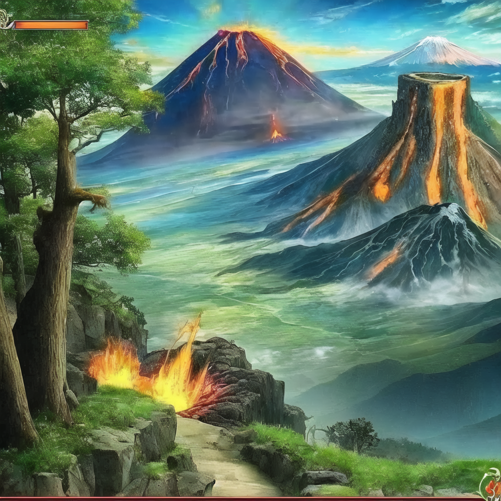 vn style landscape, anime screencap, masterpiece, best quality, volcano hills lava flowing...