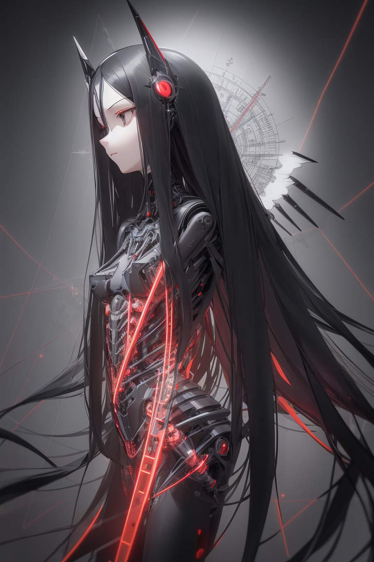 long black hair, sparkly silver eyes, robotic angel wings, blueprint, black and white and red, diagr...