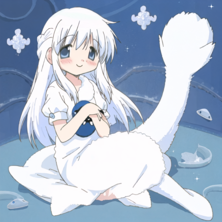 white haired seal girl sitting on the floor, white and blue bright sparkly color, happy retarded fac...