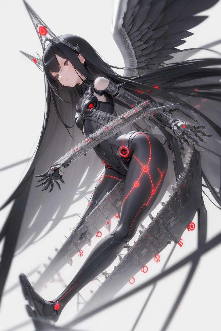 long black hair, sparkly silver eyes, robotic angel wings, blueprint, black and white and red, diagr...