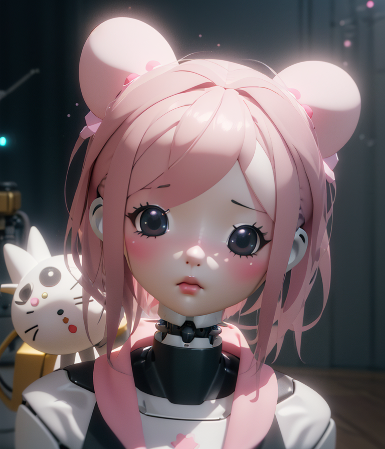 portrait, my melody, sanrio girl, [:(robot, mechanical parts:1.2):0.3], soft gloomy pastel, vivid, e...