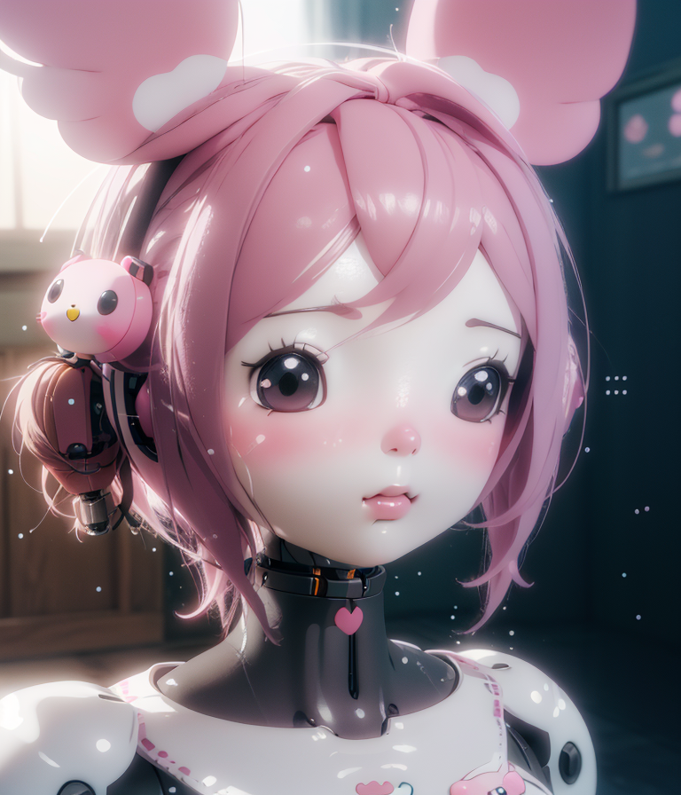 portrait, my melody, sanrio girl, [:(robot, mechanical parts:1.2):0.3], soft gloomy pastel, vivid, e...