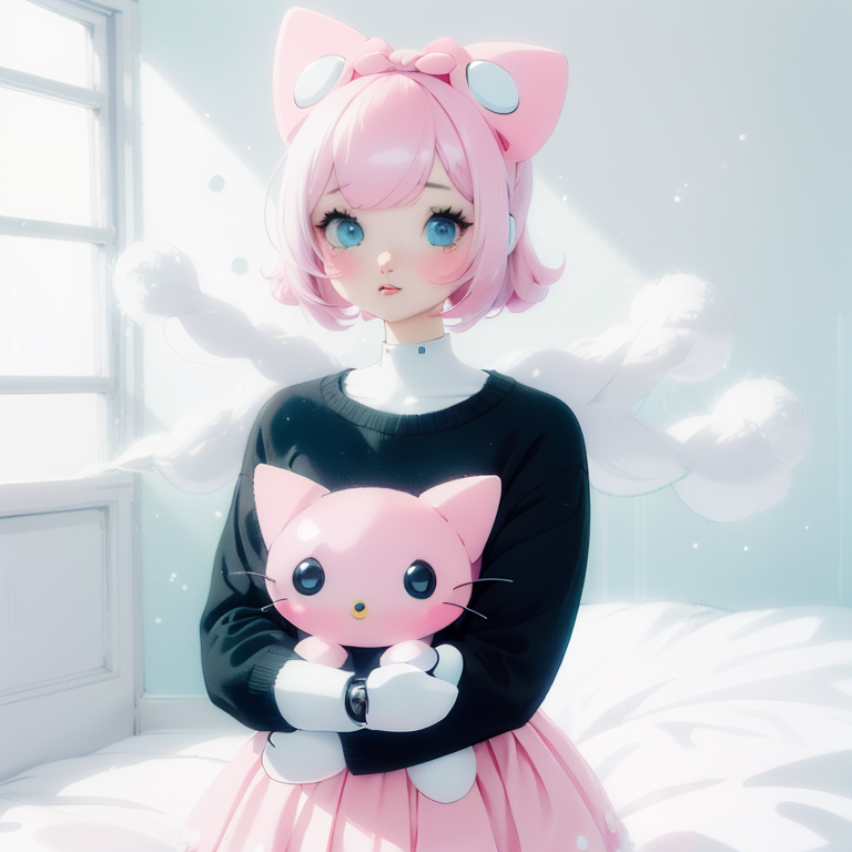 1girl, close up, my melody, sanrio girl, sweater, pleated skirt, holding a cat with white and grey f...